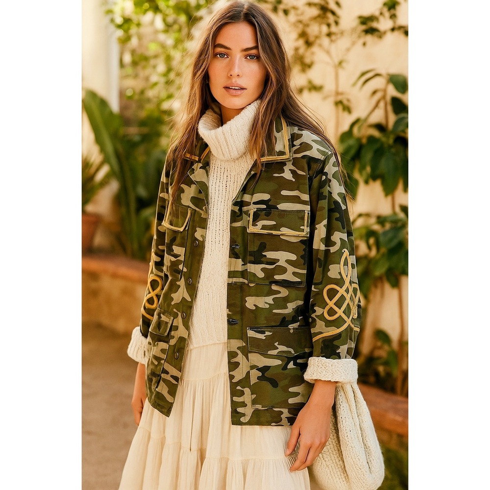 Nili Lotan Wren Green‎ Camouflage Cord Embroidered Utility Jacket Size XS/S